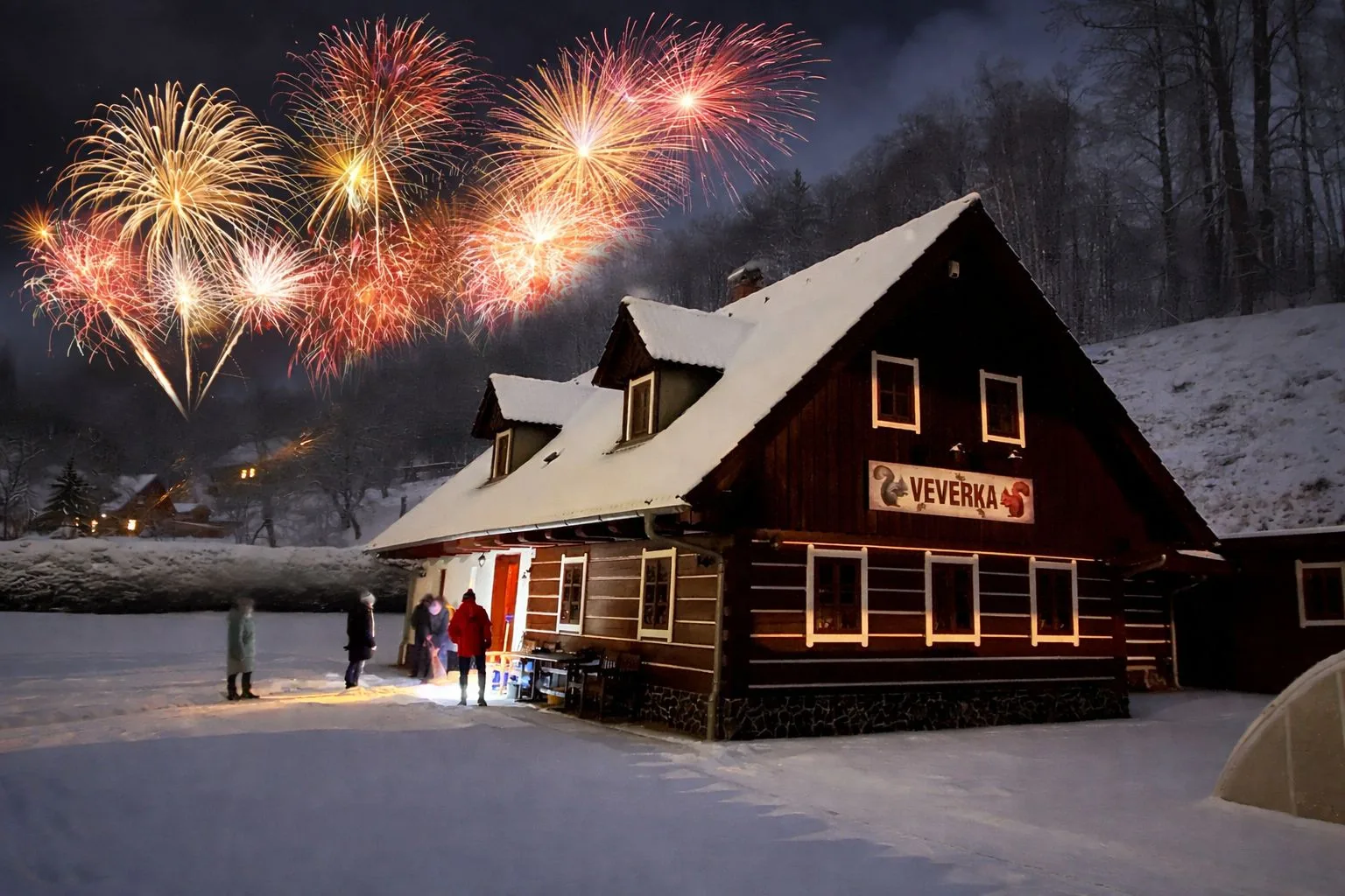 Roubenka Veverka — zimní noc s ohňostrojem